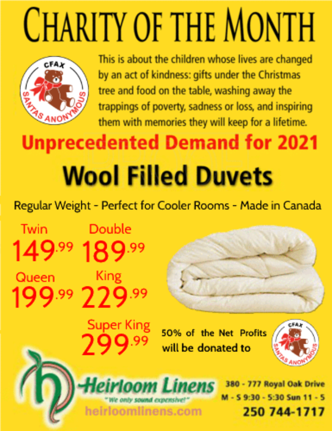 CFAX Santas Anonymous is Heirloom Linen's Charity of the Month